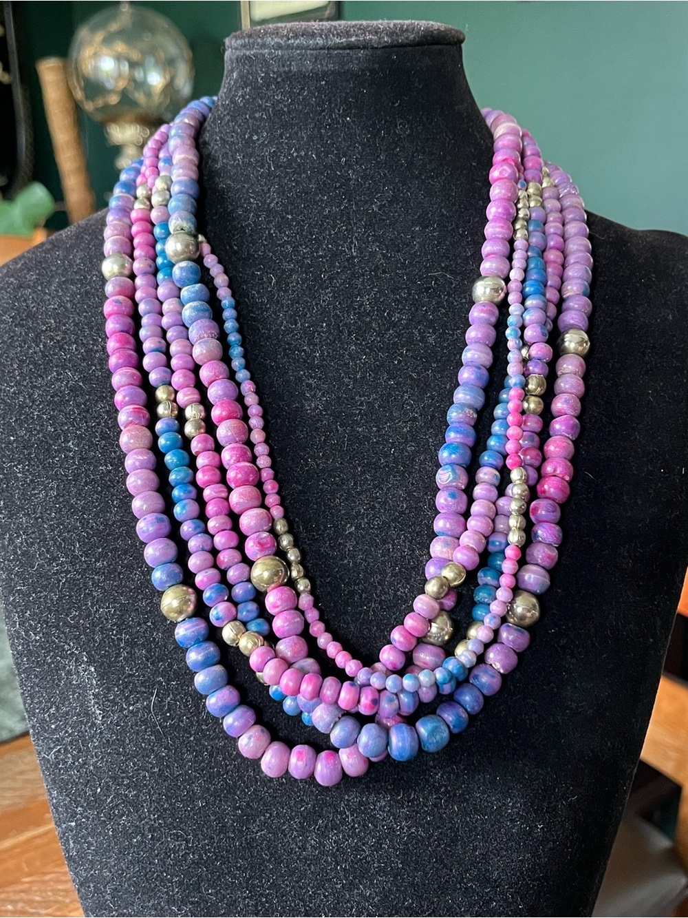 Vintage Multistrand Horn Bead Necklace Purple Pink Blue Artisan Statement Candy